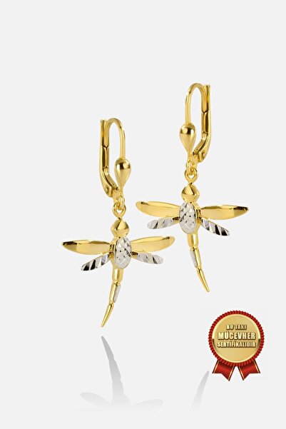 MEKS JEWELS Mikron Altın Kaplama 925 Ayar Gümüş Lazerli Yusufçuk Küpe