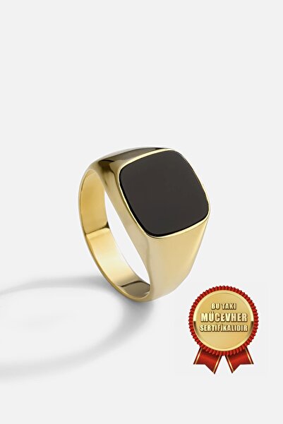 MEKS JEWELS Mikron Altın Kaplama 925 Ayar Gümüş Oniks Taşlı Erkek Yüzüğü