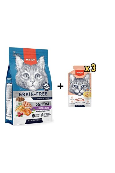 Wanpy Tahılsız Somon ve Ton Balıklı Kısırlaştırılmış Kedi Maması 1,5 kg + 3 A...