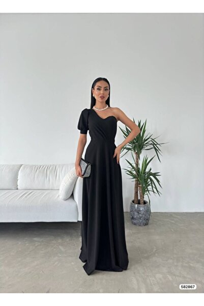 elbisereyonda Black Heart Collar Half Sleeve Crepe Fabric Maxi Length Dress