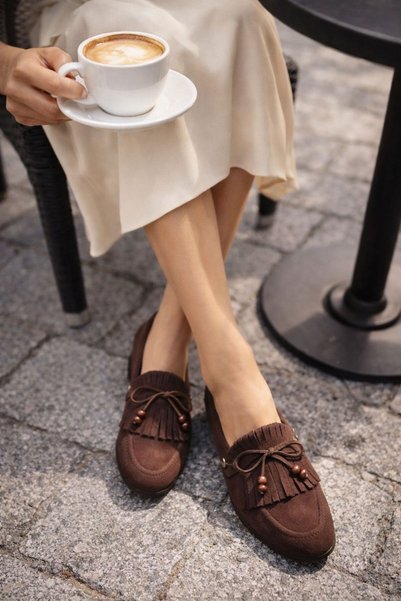 FLARF Avello Brown Suede Bead Detailed Tasseled Lace-Up Loafers Ballet Flats Casual Shoes