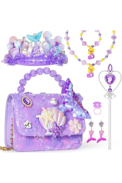Arabest حقيبة لعب أميرة حورية البحر، طقم مجوهرات وملابس تنكرية للبنات الصغيرا...
