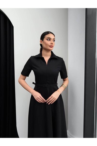 MODA DURAĞI PRİNCESS GÖMLEK YAKA KEMER DETAYLI ELBİSE Siyah