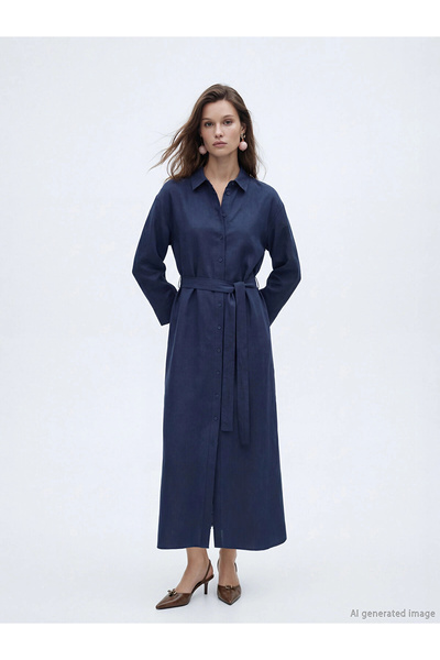 LC Waikiki LCW Modest Ναυτικό Μπλε με Ζώνη Λινό Μείγμα Πουκαμισοφόρεμα
