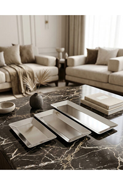 SQUALO Squalo Rectangular Steel Serving Tray Set – 3 Pieces, Silver