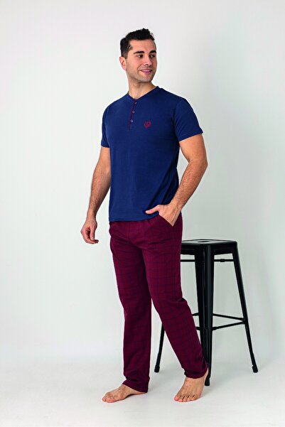 Estiva Men's Checked Alt Patterned Blue Red Short Sleeve Pajama Set with Patc...