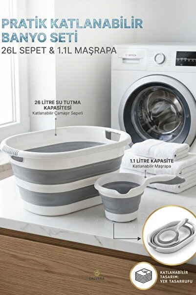 CALVERA 2'li Katlanabilir Banyo Seti - 26 LT Çamaşır Sepeti & 1.1 LT Maşrapa ...