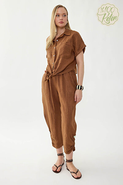 Vitrin 100% Linen Elastic Waist Buttoned Trousers