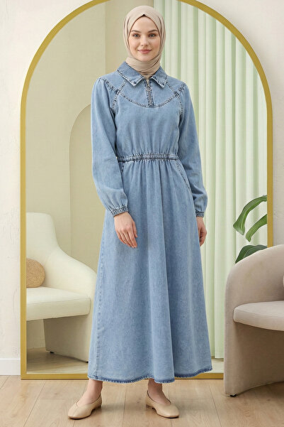 FERHEL Pocketed Denim Dress with Zipper at the Neckline, Elastic Waist and Sl...