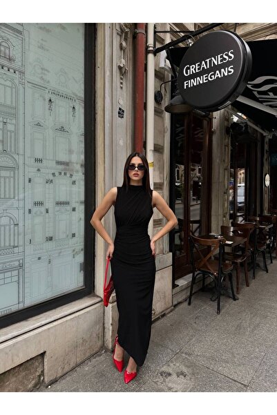 Look Kadıköy Sassy Kolsuz Bel Drapeli Yırtmaçlı Kadın Elbise