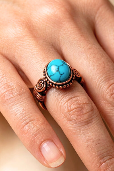 Otto Man Steel Jewelry Kadın Bakır Yüzük Firuze Doğal Taşlı Ağaç Kabuğu Model...