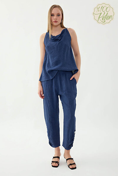 Vitrin 100% Linen Elastic Waist Buttoned Trousers