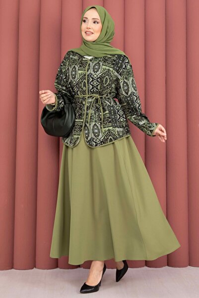EBRUTESETTÜR Ethnic Pattern Jacket & Skirt Set Khaki