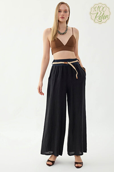 Vitrin 100% Linen Halat Belt Wide Leg Pants
