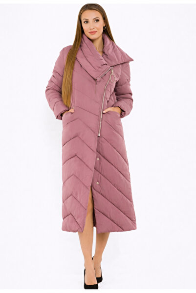 Nobrand Women's Long Quilted Powder Pink Jacket with High Collar – Warm Winte...