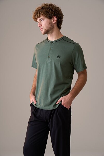 PİJAPİA Men's Short Sleeve Buttoned Collar 100% Cotton Pajama Set Green