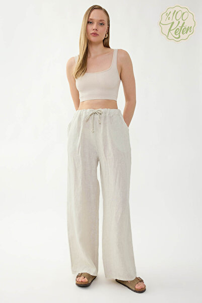 Vitrin 100% Linen Beli İp B Tie-Detail Wide Leg Pants