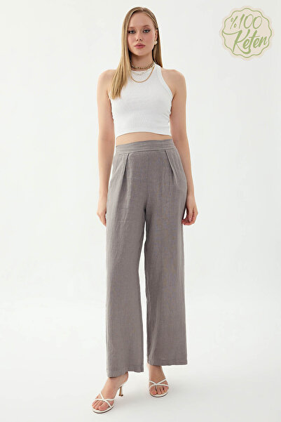 Vitrin 100% Linen Elastic Waist Front Pleated Pants