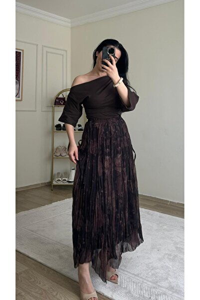 YELZEY BUTİK Asimetrik Midi Desen Plise Etek