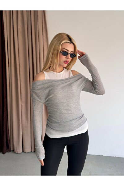 Paraf style Γυναικεία γκρι μοντέρνα μακρυμάνικη μπλούζα Λεπτομέρεια στους ώμους