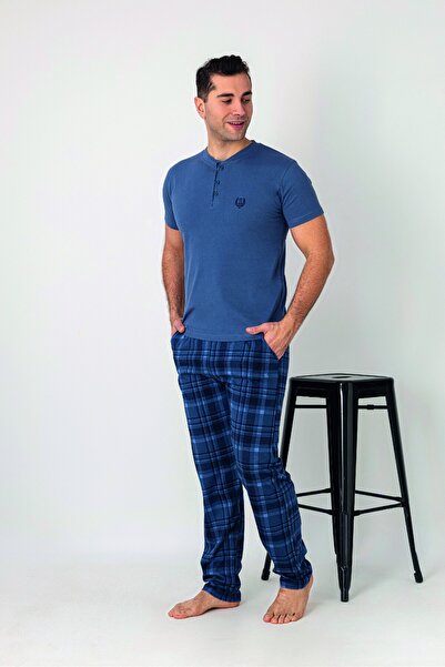 Estiva Men's Checked Alt Patterned Blue Short Sleeve Placket Combed Cotton Pa...