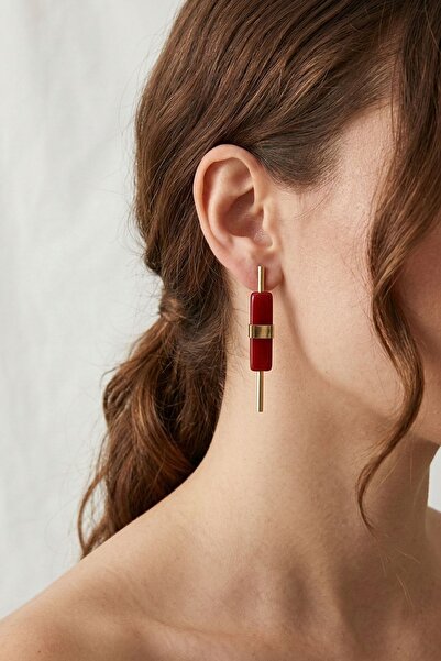 LYKOS Women's Steel Gold Red Color Geometric Bar Earrings