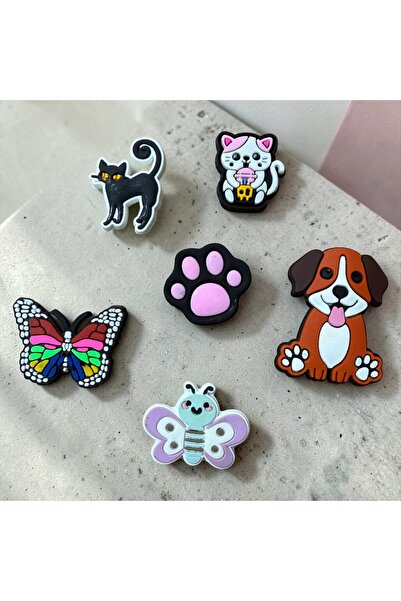Buki'nin Atölyesi Terlik Süsü Jibbitz 6 lı set kedi köpek pati kelebek