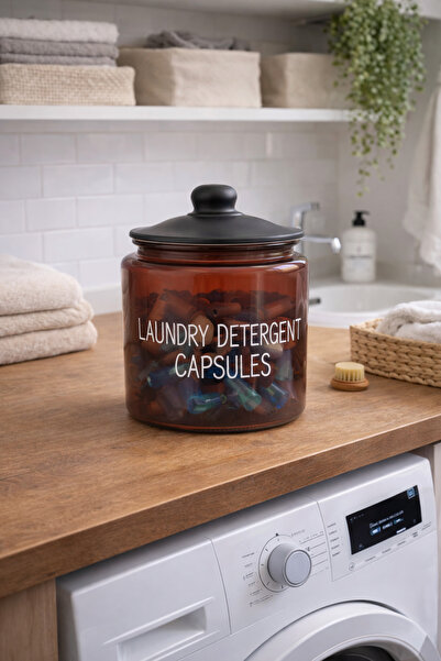 MİS KİTCHEN وعاء زجاجي كهرماني اللون بغطاء لحفظ كبسولات منظفات الغسيل |   حاو...