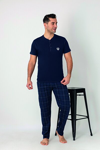 Estiva Men's Checked Alt Patterned Navy Blue Short Sleeve Pajama Set with Pat...