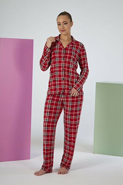 Estiva Women's Checked Red Button-Front Soft Pajama Set