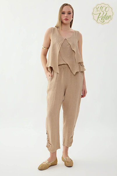 Vitrin 100% Linen Elastic Waist Buttoned Trousers