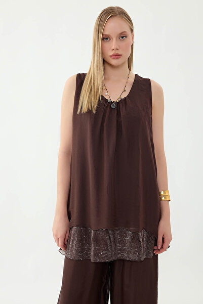 Vitrin Zero Sleeve Skirt with Sequins at the Hem Silk Blouse