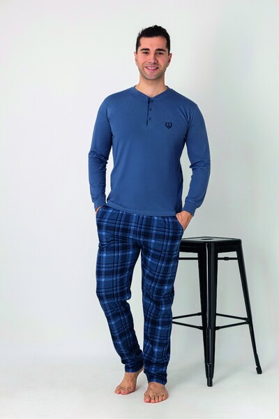 Estiva Men's Checked Alt Patterned Petrol Long Sleeve Combed Cotton Pajama Set