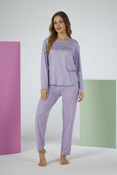 Estiva Women's Star Alt Patterned Lilac Soft Long Sleeve Pajama Set