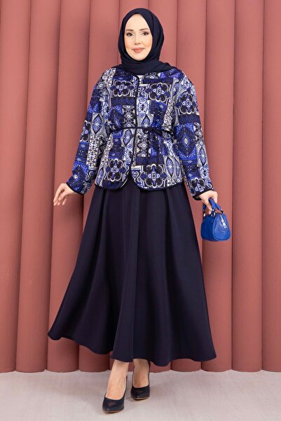 EBRUTESETTÜR Ethnic Pattern Jacket & Skirt Set Navy Blue