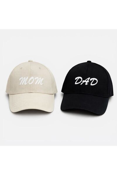 sf collection MOM & DAD Baskılı Siyah-Krem 2’li Çift Kombin Şapka