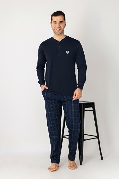 Estiva Men's Checked Alt Patterned Navy Blue Long Sleeve Pajama Set with Plac...