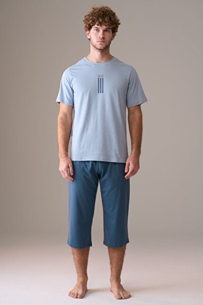 PİJAPİA Men's Short Sleeve 100% Cotton Plus Size Capri Pajamas Set Light Blue