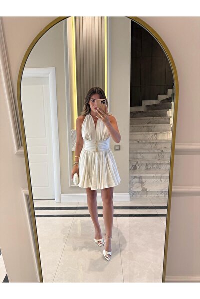 CKBUTİK Ekru Beli Drapeli Mini Elbise