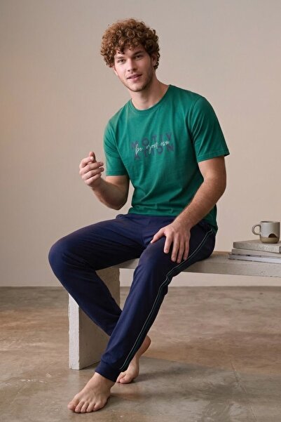 PİJAPİA Men's Short Sleeve 100% Cotton Elastic Cuffed Pajama Set Green