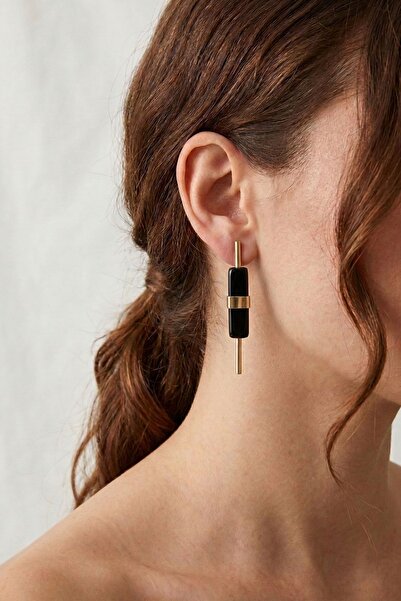 LYKOS Women's Steel Gold Black Color Geometric Bar Earrings