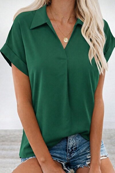 JANES Women's Short Sleeve Collared Woven Viscose Blouse