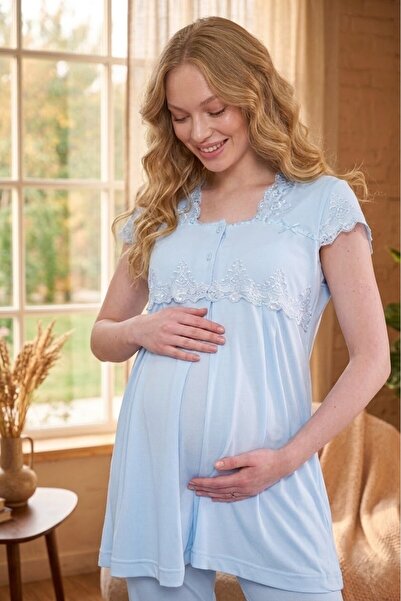 Lohusa Homewear New Season Blue Maternity Summer Wear Lace Detailed Design Sh...