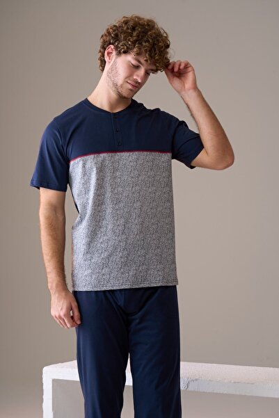 PİJAPİA Men's Short Sleeve Buttoned Collar 100% Cotton Pajama Set Navy Blue