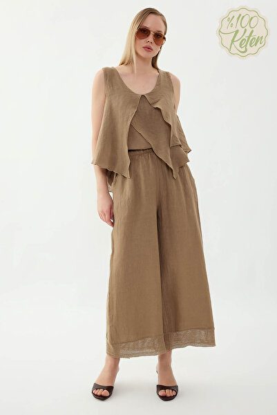 Vitrin 100% Linen Elastic Waist Mesh Trousers