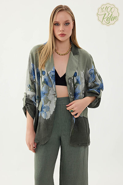 Vitrin %100 Keten Çiçek Desen Tek Düğme Ceket