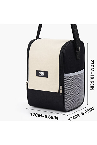 WDA حقيبة غداء معزولة بجيب شبكي، باللونين الأسود والبيج، وحزام كتف قابل للتعديل