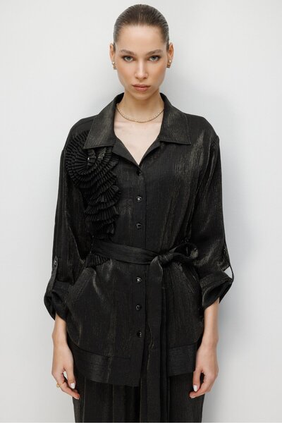 Moda İlgi Modailgi Pilise Süslemeli Beli Kemerli Tunik - 40012 Siyah