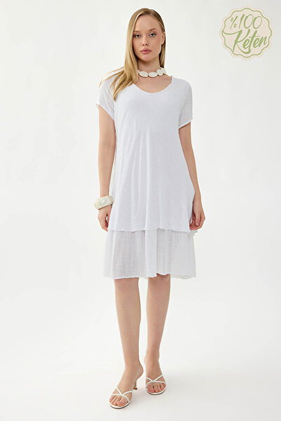 Vitrin 100% Linen V-Neck Short-Sleeved Dress