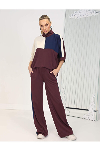 QİMYA BUTİK Buketli̇ Women's R Color Block Zippered D Mock Neck Three Quarter...